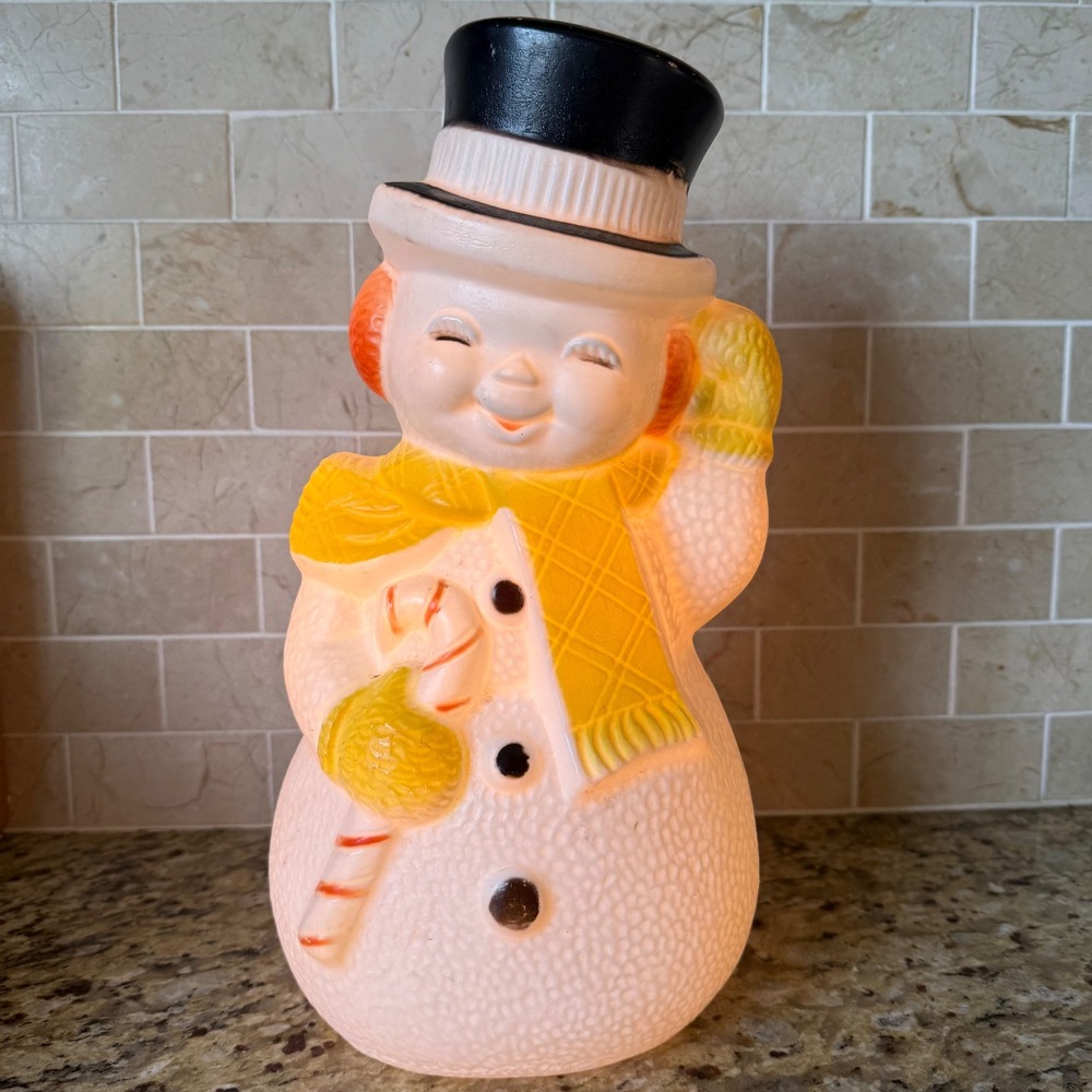 Vintage Poloron Snowman Blow Mold Christmas Tabletop Light Decor 13" Yellow Rare